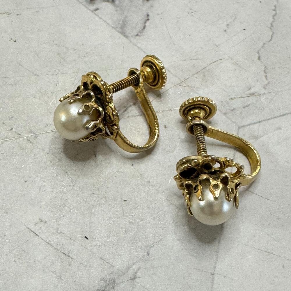 Vintage 10K Gold Plated Faux Pearl Earrings Screw Back Art Deco Crown Set